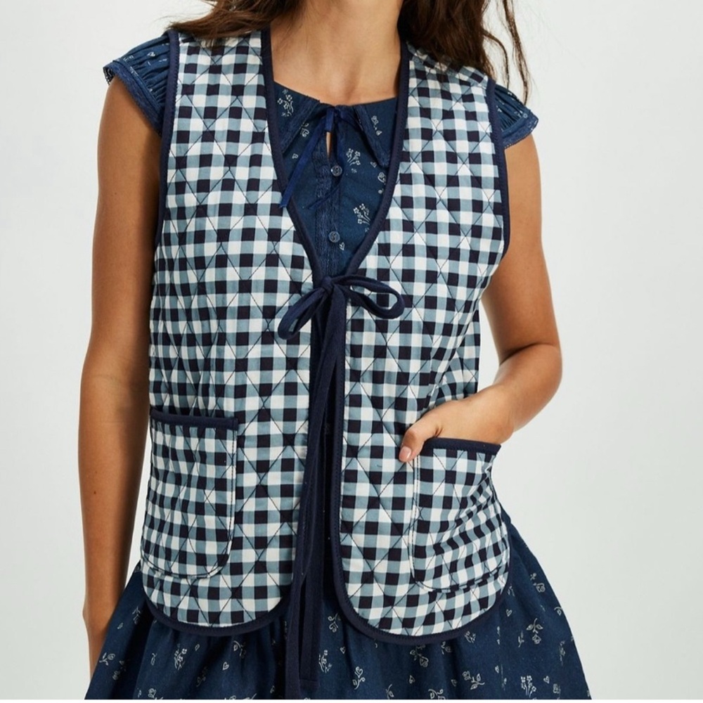 Free People NWT Claudine Navy Gingham Vest Size Medium